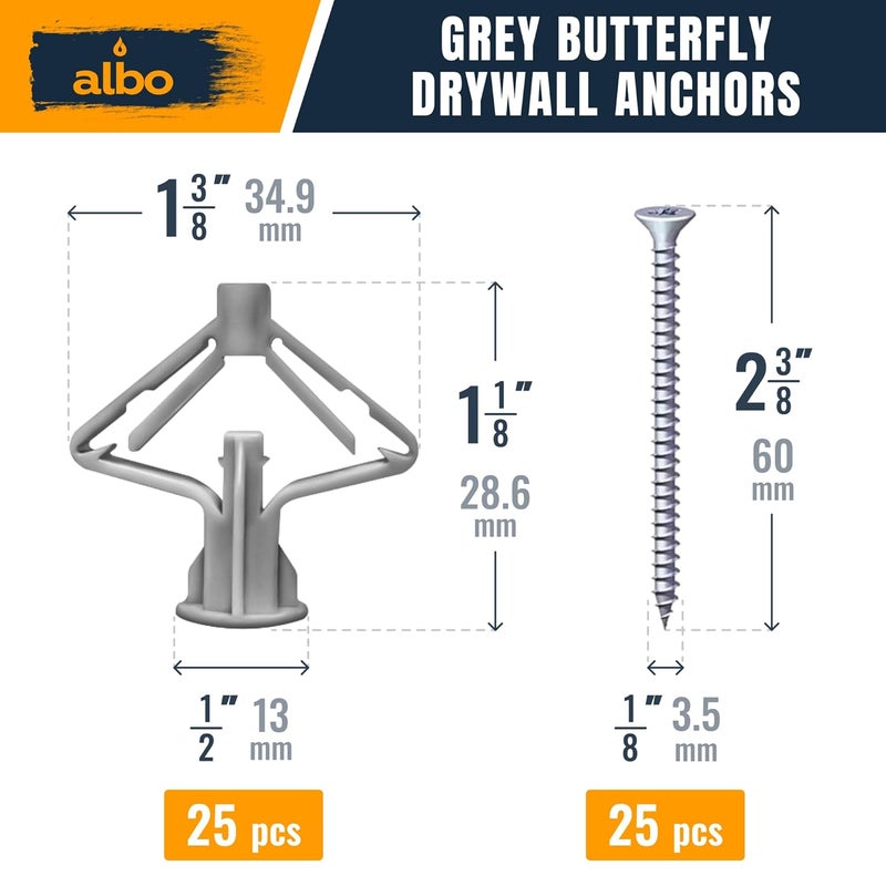 ALBO Drywall Anchor Kit Hollow Wall with Screws 50 pcs. (Grey Anchor 25pcs + Screws 25pcs) Plastic Hollow Wall Drilling Anchors - Image 2